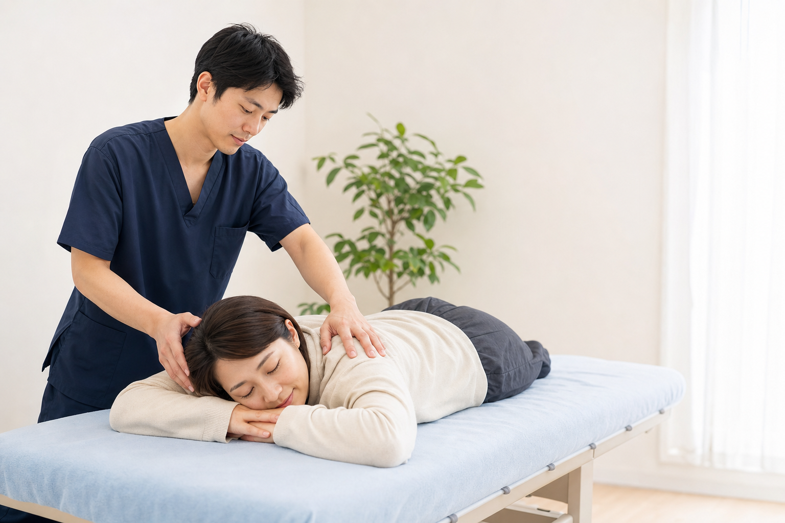 明るい院内で無理のない範囲を確認しながら進める様子