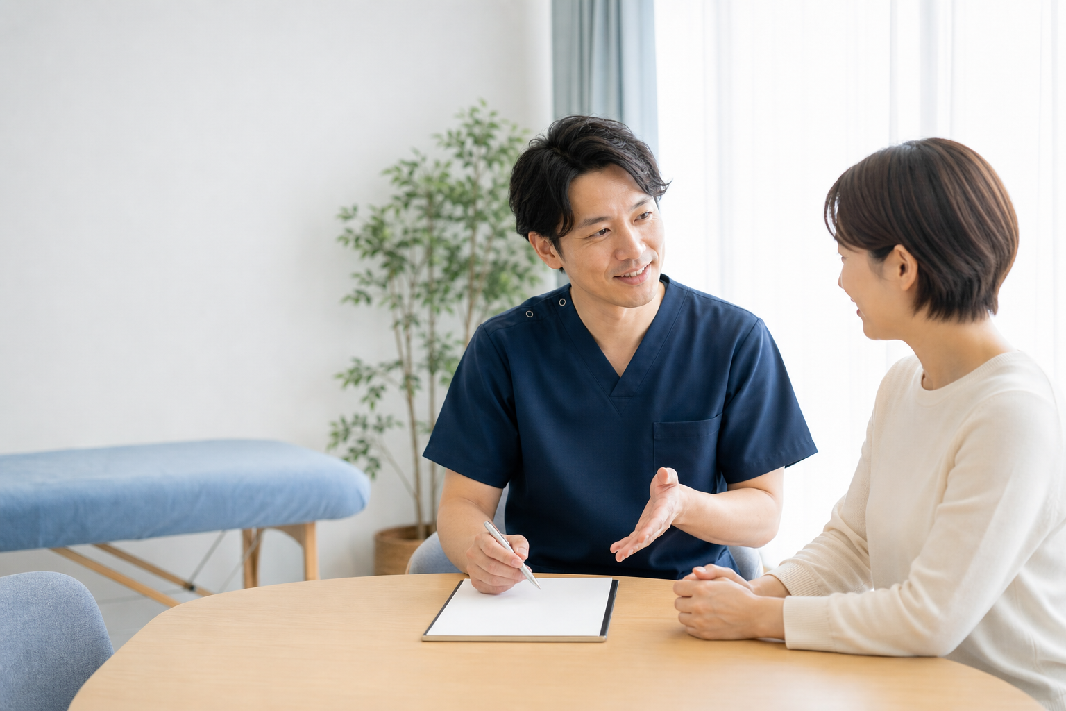 明るい院内で相談内容を丁寧にうかがう様子